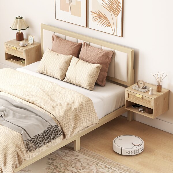 HOMCOM Set di 2 Comodini Sospesi con Cassetto in Rattan Ripiano Aperto Salva Spazio 40x30x25 cm Rovere | Aosom Italy