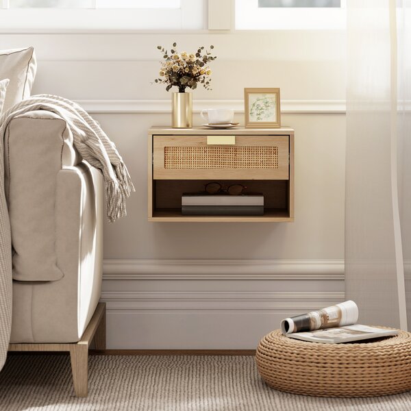 HOMCOM Set di 2 Comodini Sospesi con Cassetto in Rattan Ripiano Aperto Salva Spazio 40x30x25 cm Rovere | Aosom Italy