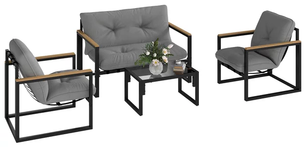 Set da Giardino 4 Pezzi con 2 Sedie Divanetto e Tavolino Grigio Chiaro e Nero