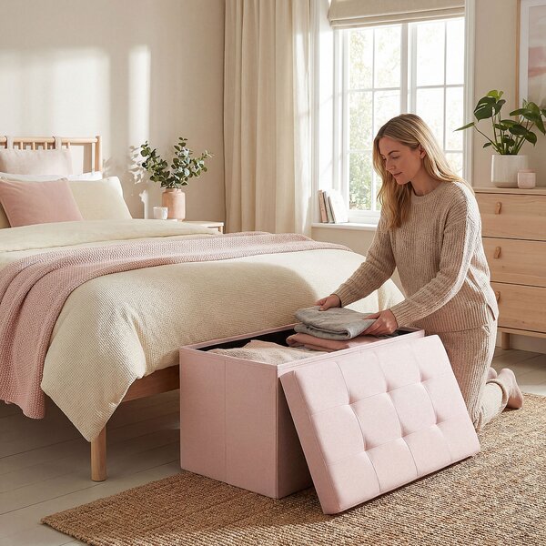 HOMCOM Pouf Contenitore, Panca Contenitore Pieghevole 84 L 76x38x38 cm Rivestita in Lino Sintetico Baule Contenitore Rosa | Aosom Italy