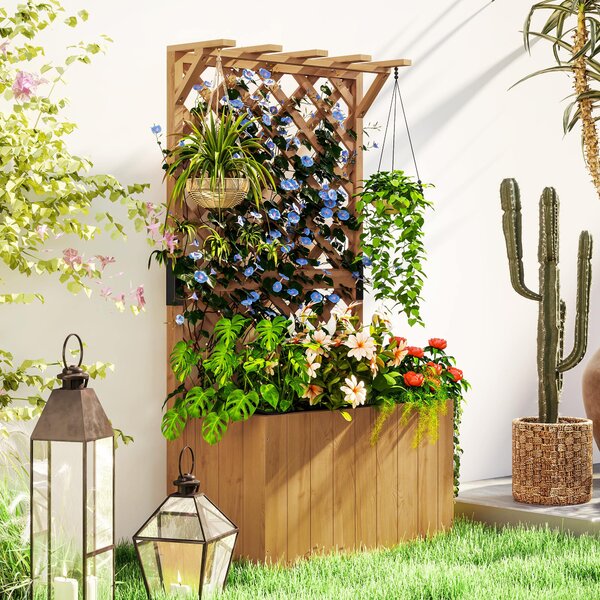 Outsunny Letto per Orto Rialzato con Traliccio per Rampicanti e Pergola Superiore, 64x33x122 cm, Legno