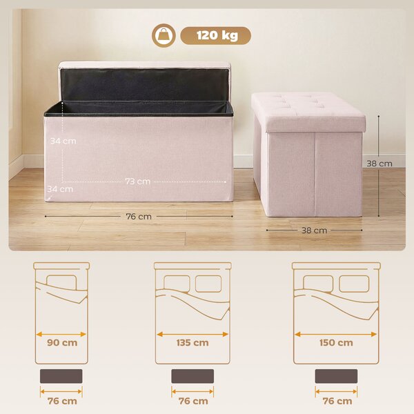 HOMCOM Pouf Contenitore, Panca Contenitore Pieghevole 84 L 76x38x38 cm Rivestita in Lino Sintetico Baule Contenitore Rosa | Aosom Italy