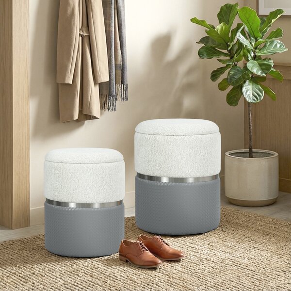 HOMCOM Set di 2 Pouf Contenitore Rivestiti in Ciniglia e PU Seduta Imbottita per Corridoio Camera Grigio e Crema | Aosom Italy