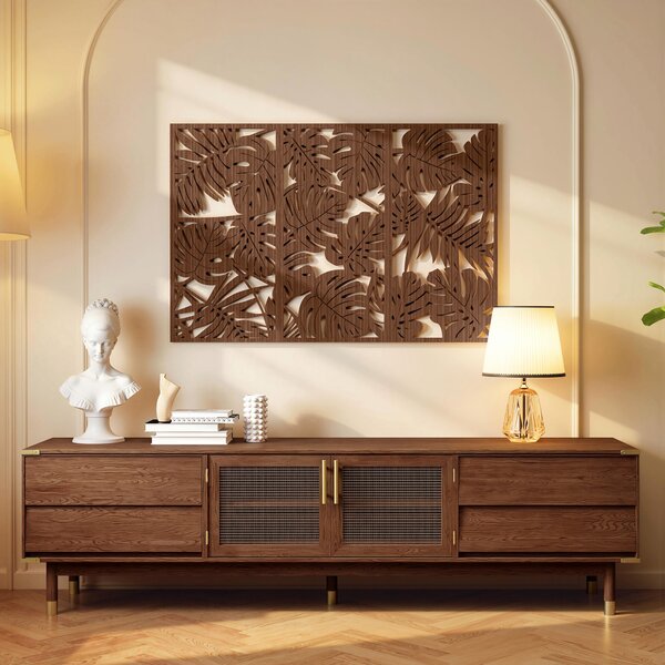 HOMCOM Decorazione da Parete in Legno 3D 3 Pezzi 40x80 cm Decorazioni da Parete con Motivo di Foglie Tropicali Noce | Aosom Italy