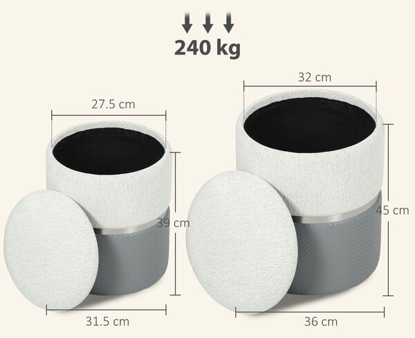 HOMCOM Set di 2 Pouf Contenitore Rivestiti in Ciniglia e PU Seduta Imbottita per Corridoio Camera Grigio e Crema | Aosom Italy