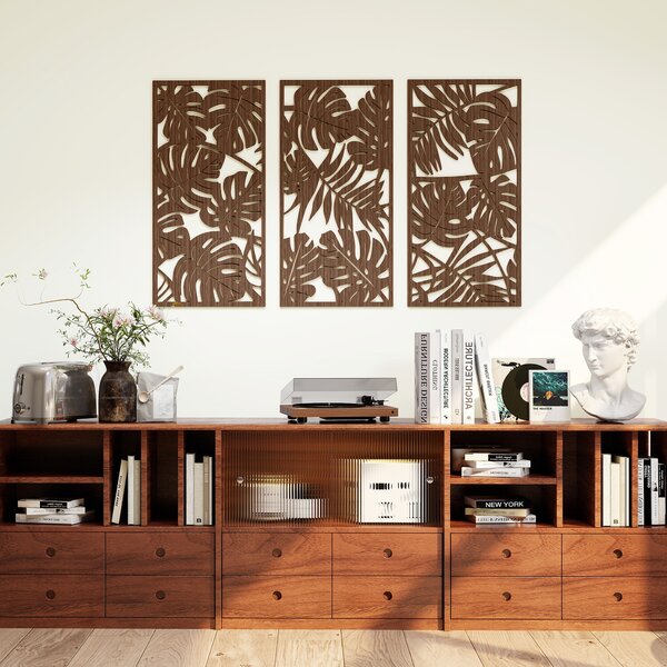 HOMCOM Decorazione da Parete in Legno 3D 3 Pezzi 40x80 cm Decorazioni da Parete con Motivo di Foglie Tropicali Noce | Aosom Italy