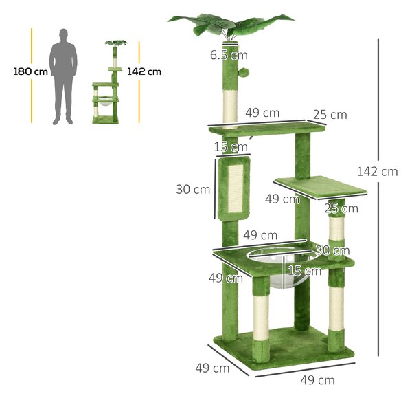PawHut Albero per Gatti Multilivello con Amaca, Tiragraffi, Pallina e Foglie Decorative, 49x49x142 cm, Verde