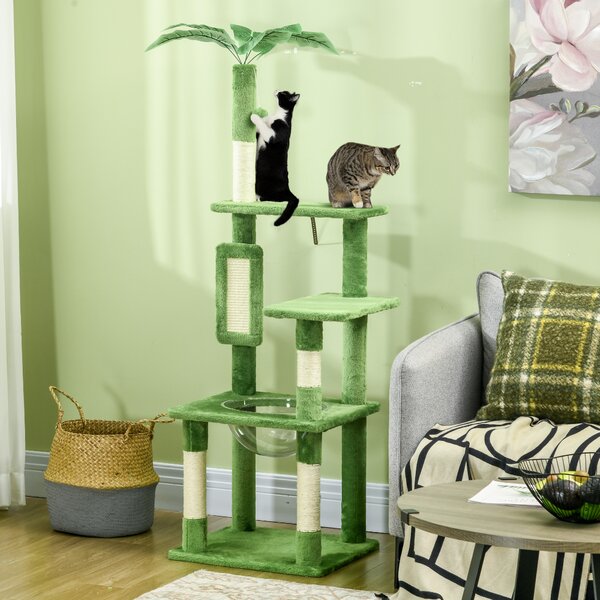 PawHut Albero per Gatti Multilivello con Amaca, Tiragraffi, Pallina e Foglie Decorative, 49x49x142 cm, Verde