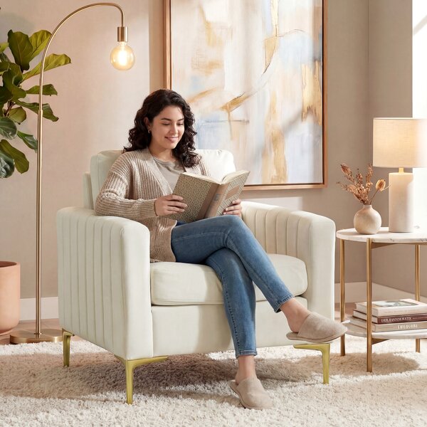 HOMCOM Poltrona da Salotto Rivestita in Velluto, Imbottitura Spessa, Seduta Larga, Braccioli, Cuscino 81x77x81 cm Crema | Aosom Italy