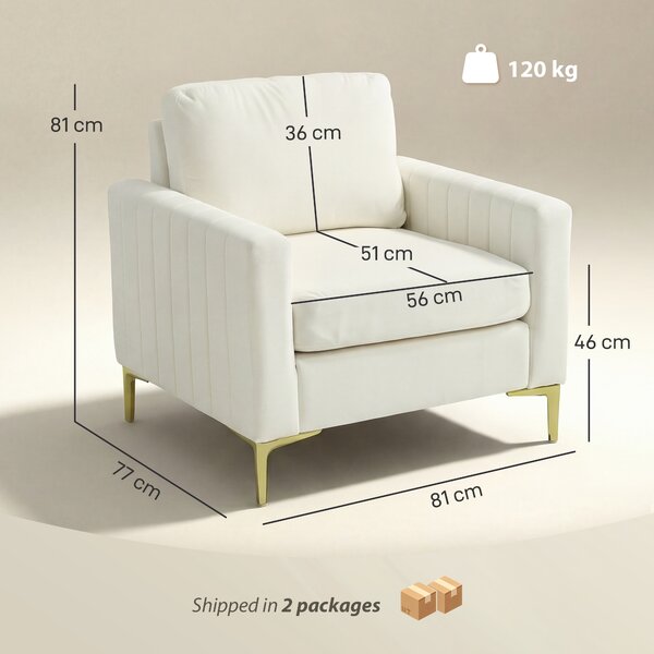 HOMCOM Poltrona da Salotto Rivestita in Velluto, Imbottitura Spessa, Seduta Larga, Braccioli, Cuscino 81x77x81 cm Crema | Aosom Italy