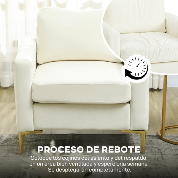 HOMCOM Poltrona da Salotto Rivestita in Velluto, Imbottitura Spessa, Seduta Larga, Braccioli, Cuscino 81x77x81 cm Crema | Aosom Italy