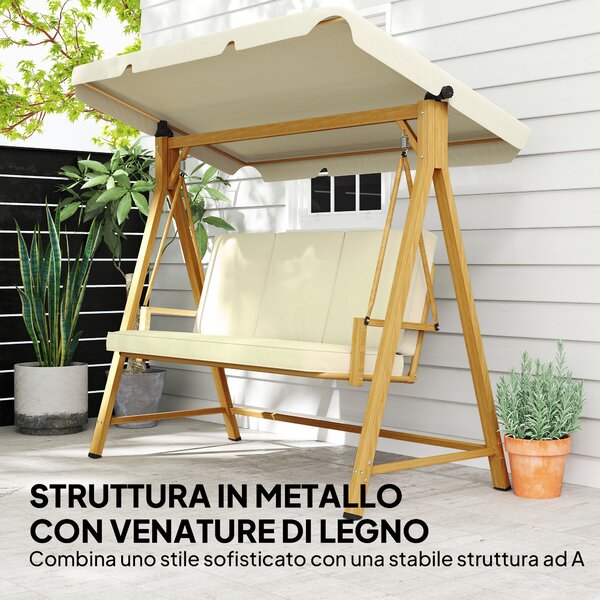 Outsunny Dondolo da Giardino 3 Posti con Tettuccio Regolabile e Cuscini, 195x120x170 cm, Beige