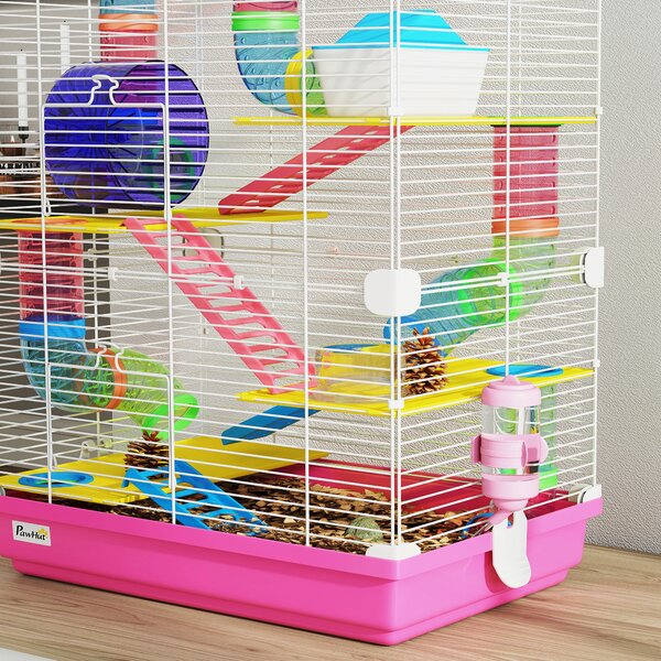 PawHut Gabbia per Criceti con Tunnel Piattaforme Ciotola Abbeveratoio Casetta Rampe e Ruota da Esercizio 46x30x58 cm Rosa | Aosom Italy
