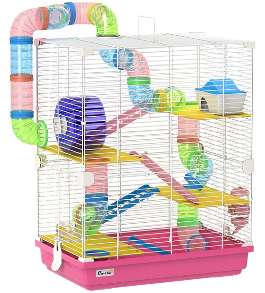 PawHut Gabbia per Criceti con Tunnel Piattaforme Ciotola Abbeveratoio Casetta Rampe e Ruota da Esercizio 46x30x58 cm Rosa | Aosom Italy