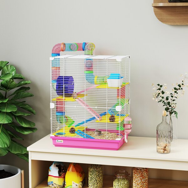 PawHut Gabbia per Criceti con Tunnel Piattaforme Ciotola Abbeveratoio Casetta Rampe e Ruota da Esercizio 46x30x58 cm Rosa | Aosom Italy