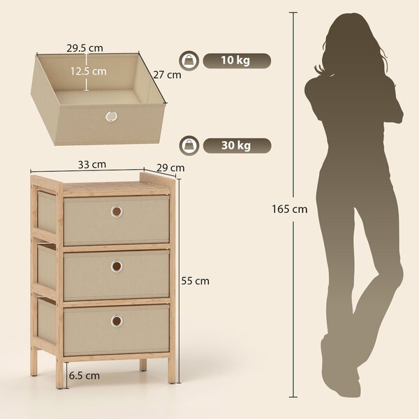 HOMCOM Cassettiera con 3 Cassetti in Tessuto Struttura in Bambù Cassettiera per Spazi Ridotti Crema e Naturale | Aosom Italy