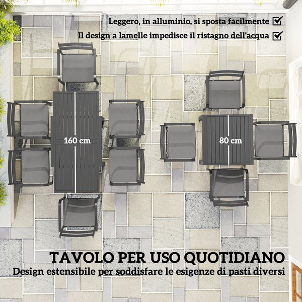 Outsunny Set da Giardino con Tavolo Allungabile e 6 Sedie Impilabili con Cuscini, Grigio