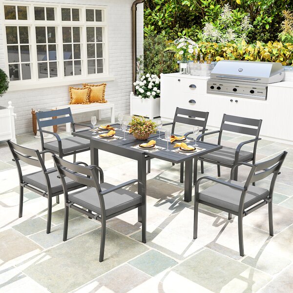 Outsunny Set da Giardino con Tavolo Allungabile e 6 Sedie Impilabili con Cuscini, Grigio