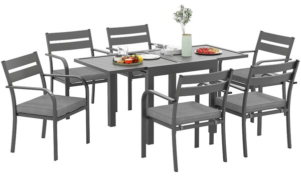 Outsunny Set da Giardino con Tavolo Allungabile e 6 Sedie Impilabili con Cuscini, Grigio