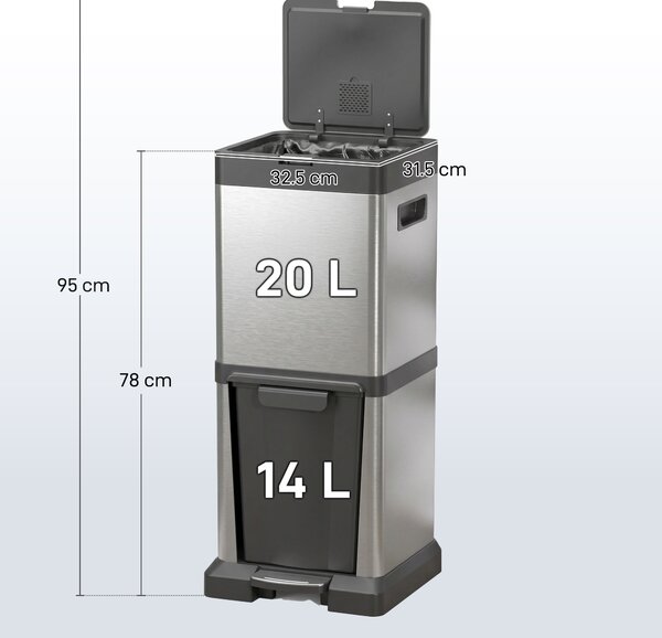 HOMCOM Cestino 20+14 L - Cestino a pedale con coperchio, scomparto ribaltabile, secchi interni estraibili, acciaio inox, 32,5 x 31,5 x 78 cm, argento | Aosom Italy