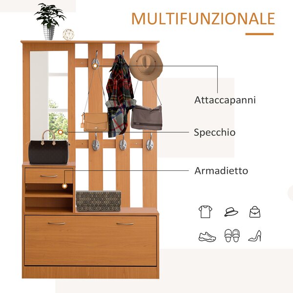 HOMCOM Mobile Guardaroba Scarpiera Regolabile e Specchio con Appendiabiti 6 Ganci per Ingresso e Camera da Letto in Legno|Aosom