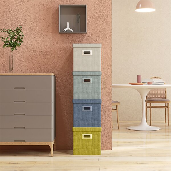 HOMCOM Set 4 Scatole per Armadi in Tessuto con Coperchio e Pieghevoli 30x30x29cm, Blu, Crema, Verde e Grigio Chiaro