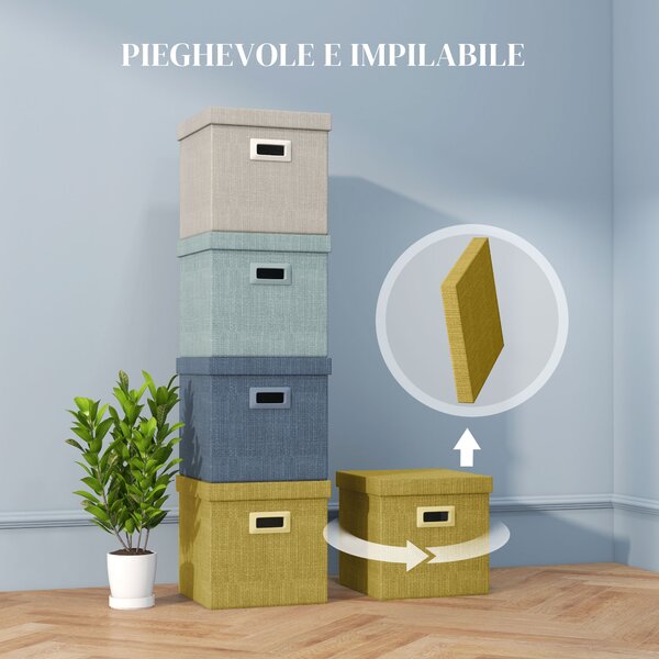 HOMCOM Set 4 Scatole per Armadi in Tessuto con Coperchio e Pieghevoli 30x30x29cm, Blu, Crema, Verde e Grigio Chiaro