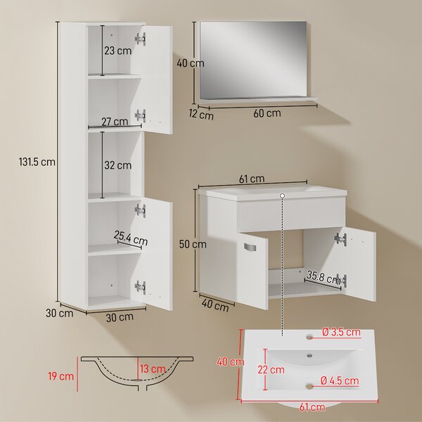 Kleankin Set di Mobili da Bagno 4 Pezzi, A Parete, con Specchio, Mobile sotto Lavabo, Lavabo e Colonna Alta, Bianco | Aosom Italy