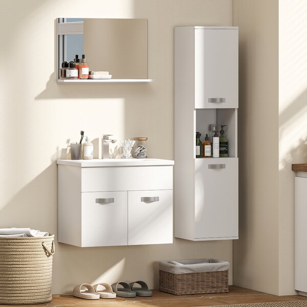 Kleankin Set di Mobili da Bagno 4 Pezzi, A Parete, con Specchio, Mobile sotto Lavabo, Lavabo e Colonna Alta, Bianco | Aosom Italy
