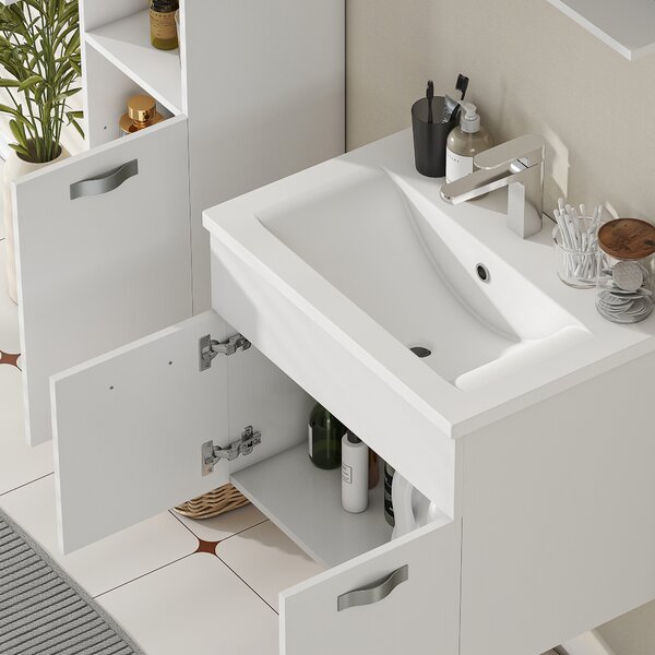 Kleankin Set di Mobili da Bagno 4 Pezzi, A Parete, con Specchio, Mobile sotto Lavabo, Lavabo e Colonna Alta, Bianco | Aosom Italy