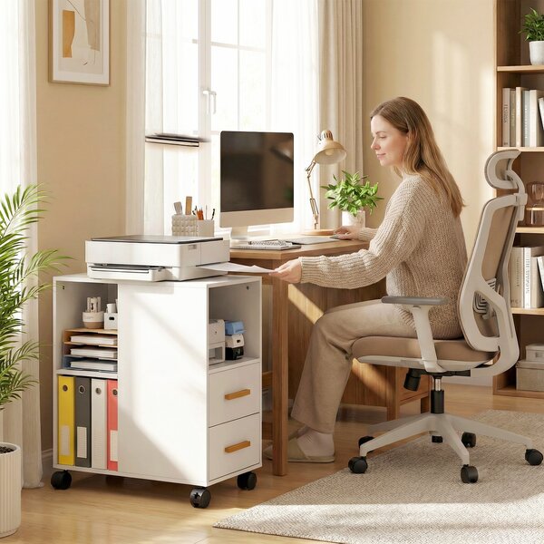 HOMCOM Supporto per stampante Tavolo per stampante con ripiano regolabile, ruote per fax scanner 60 x 30 x 65 cm Bianco | Aosom Italy