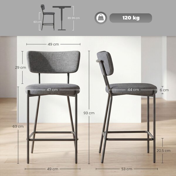 HOMCOM Set 2 sgabelli da bar, sgabelli imbottiti con schienale sagomato, per isola cucina, angolo colazione, Grigio | Aosom Italy