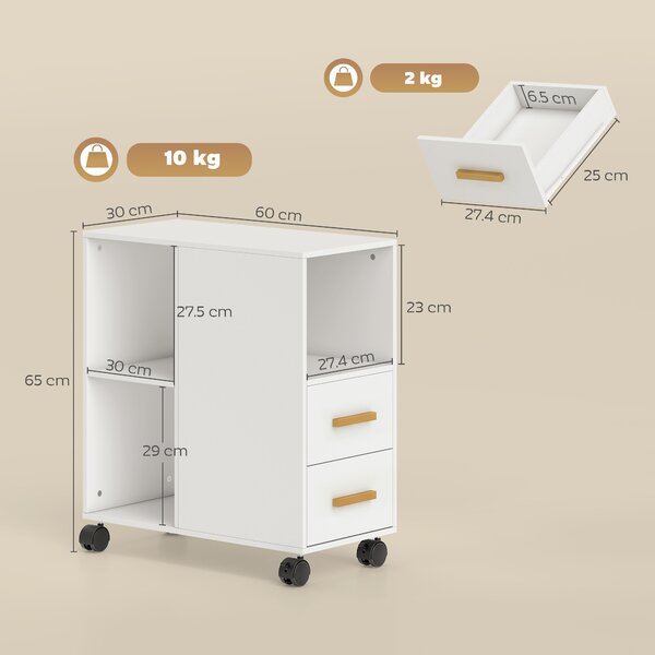 HOMCOM Supporto per stampante Tavolo per stampante con ripiano regolabile, ruote per fax scanner 60 x 30 x 65 cm Bianco | Aosom Italy