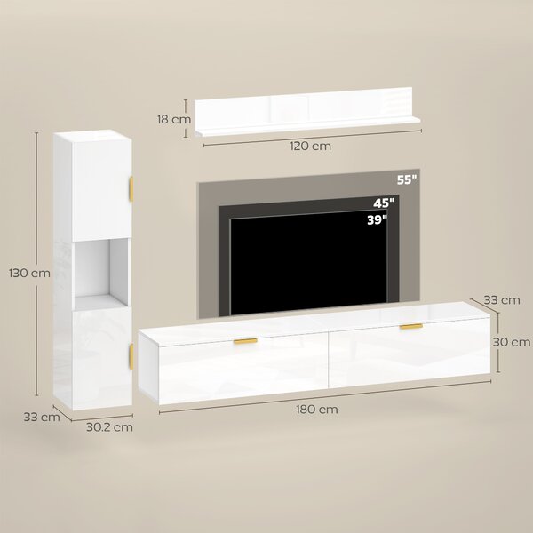 HOMCOM Mobile TV sospeso con ante a ribalta Centro intrattenimento Mensola a parete Armadio 180 cm Bianco lucido | Aosom Italy