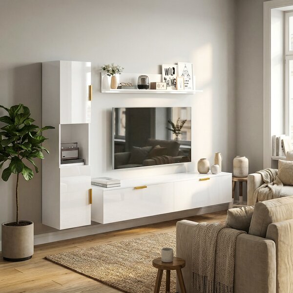 HOMCOM Mobile TV sospeso con ante a ribalta Centro intrattenimento Mensola a parete Armadio 180 cm Bianco lucido | Aosom Italy