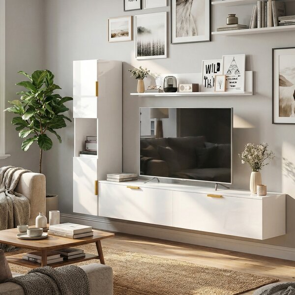 HOMCOM Mobile TV sospeso con ante a ribalta Centro intrattenimento Mensola a parete Armadio 180 cm Bianco lucido | Aosom Italy