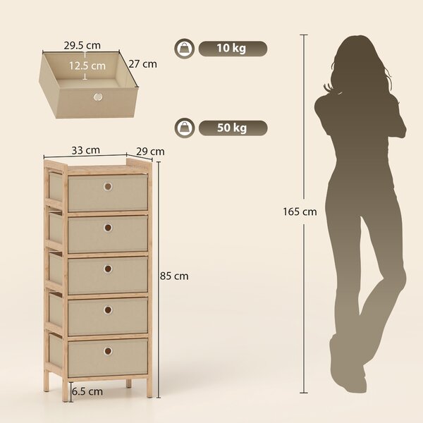 HOMCOM Cassettiera con 5 Cassetti in Tessuto Struttura in Bambù Cassettiera per Spazi Ridotti Crema e Naturale | Aosom Italy