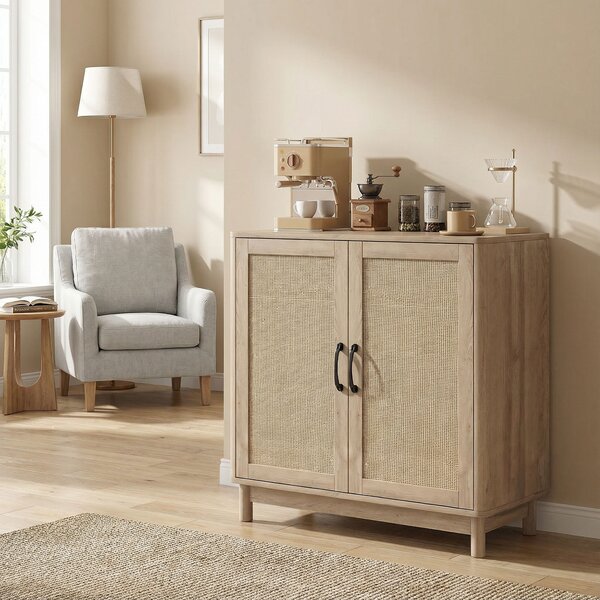 HOMCOM Buffet per soggiorno, mobile contenitore con 2 ante in rattan, mensola regolabile e bordi arrotondati, 76 x 35 x 75,5 cm, rovere | Aosom Italy