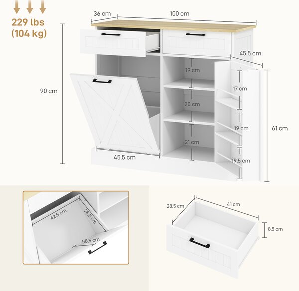 HOMCOM Buffet cucina con vano pattumiera 38 L, mobile salvaspazio da cucina, 2 cassetti, portaspezie e piano di lavoro, bianco | Aosom Italy