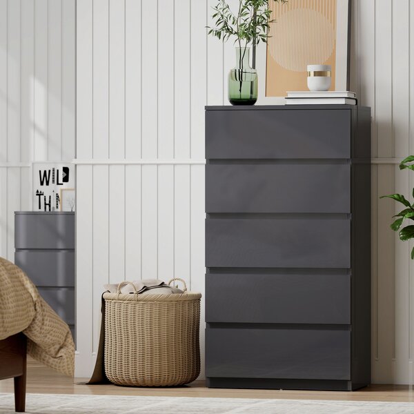 HOMCOM Cassettiera 5 cassetti, mobile contenitore ad alta lucentezza, chiusura ammortizzata e silenziosa, 53 x 34 x 100 cm, grigio | Aosom Italy