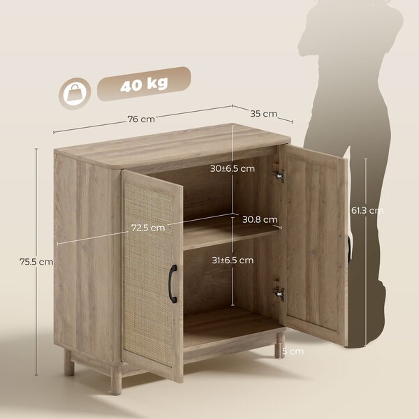 HOMCOM Buffet per soggiorno, mobile contenitore con 2 ante in rattan, mensola regolabile e bordi arrotondati, 76 x 35 x 75,5 cm, rovere | Aosom Italy
