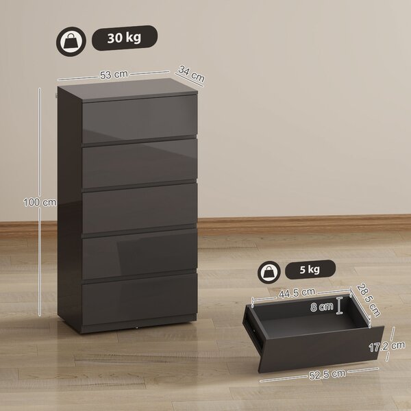 HOMCOM Cassettiera 5 cassetti, mobile contenitore ad alta lucentezza, chiusura ammortizzata e silenziosa, 53 x 34 x 100 cm, grigio | Aosom Italy