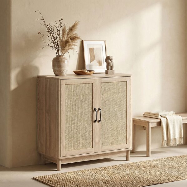 HOMCOM Buffet per soggiorno, mobile contenitore con 2 ante in rattan, mensola regolabile e bordi arrotondati, 76 x 35 x 75,5 cm, rovere | Aosom Italy