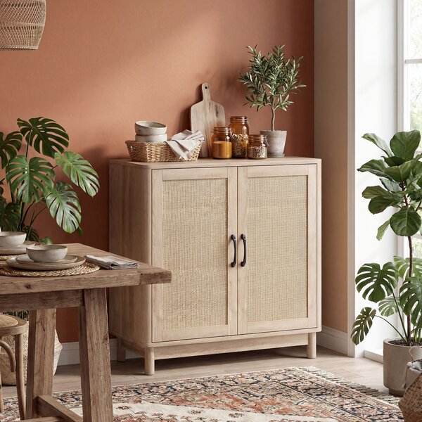 HOMCOM Buffet per soggiorno, mobile contenitore con 2 ante in rattan, mensola regolabile e bordi arrotondati, 76 x 35 x 75,5 cm, rovere | Aosom Italy