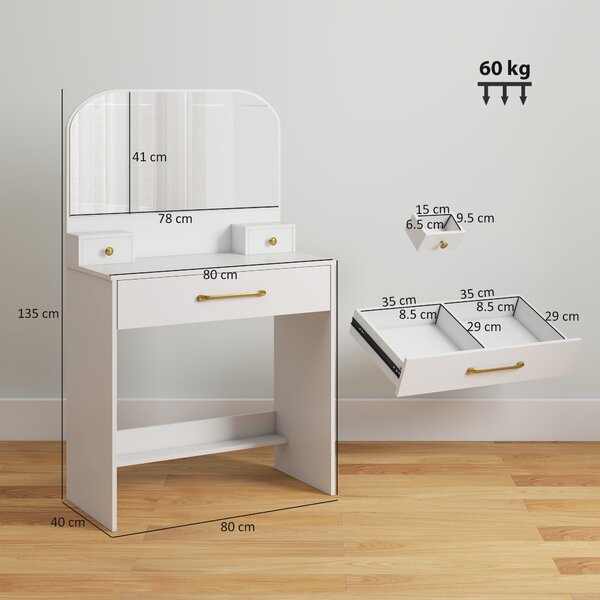 HOMCOM Toeletta con specchio, toeletta compatta con 3 cassetti, bianco | Aosom Italy