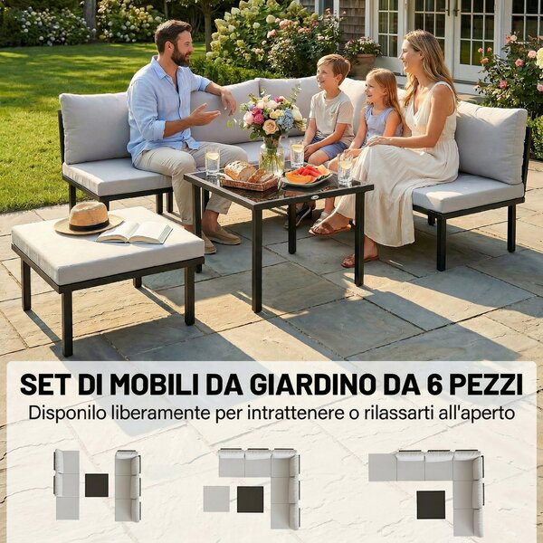 Outsunny Set Mobili Giardino Metallo 6 Persone, Divano Angolare Cuscini, Grigio Chiaro | Aosom Italy