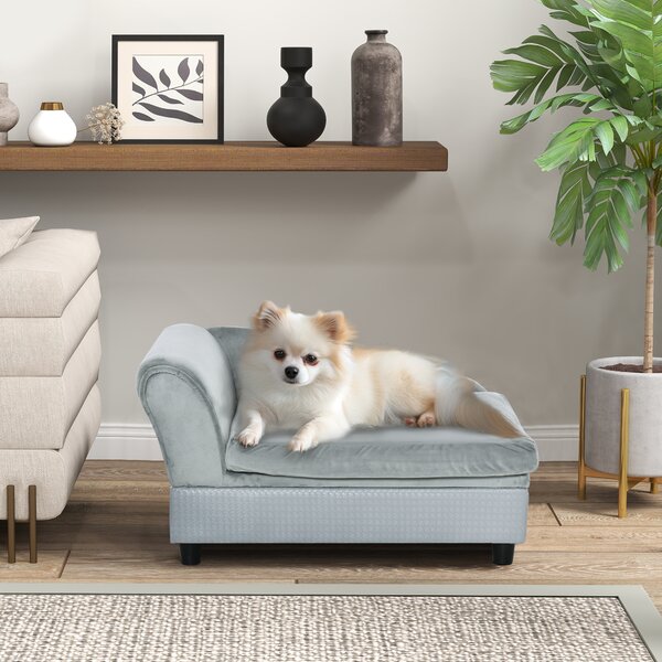 PawHut Divano per Cani con Spazio Portaoggetti e Cuscino, in Legno e Poliestere, 76x45x43 cm, Grigio Chiaro