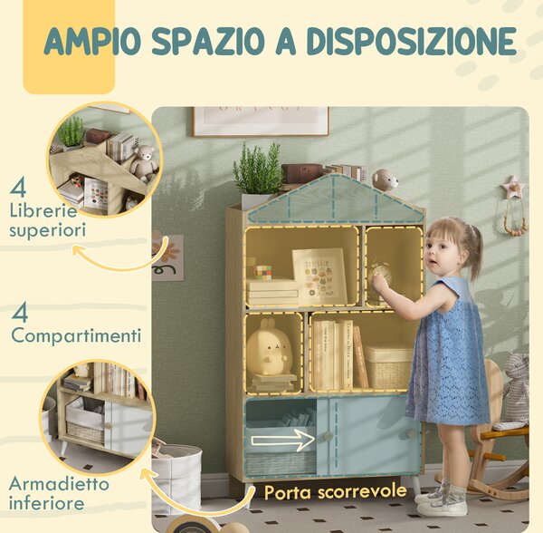 AIYAPLAY Libreria per Bambini in Legno con Ripiani Aperti e Armadietto Inferiore, 80x30x140.5 cm, Bianco e color Legno