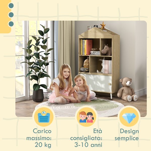 AIYAPLAY Libreria per Bambini in Legno con Ripiani Aperti e Armadietto Inferiore, 80x30x140.5 cm, Bianco e color Legno