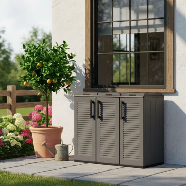 Pattumiera Grigio Nero Capacità 330 (110 per Sacco) Anta a Righe 102x37x84h cm, 3 Cestini Made in Italy - Arko